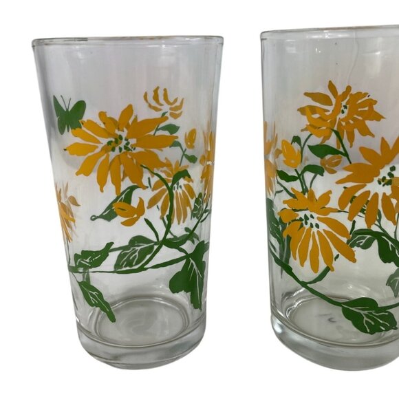Set Of 3 Vintage Floral Drinking Glasses Yellow Daisy & Butterfly Design - Picture 2 of 8